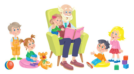 Cute grandfather is reading a book surrounded by children and toys. In cartoon style. Isolated on white background. Vector  illustration.