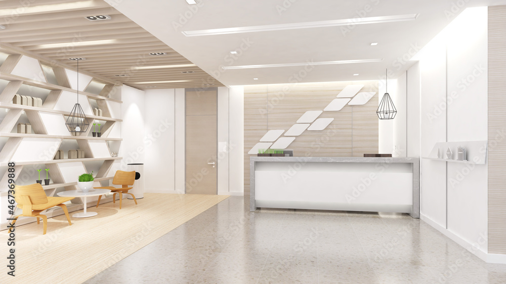 Poster reception counters and waiting seats in a small workplace,3d rendering