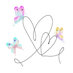 Hand drawn heart with black outline and watercolor butterflies isolated on white background.