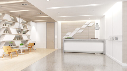 Reception counters and waiting seats in a small workplace,3d rendering