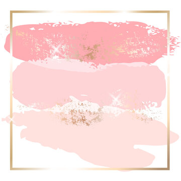 Vintage design template with pink paint strokes and gold frame. Abstract vector Watercolour style. Luxury vector illustration.