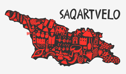 Fototapeta na wymiar Vector hand drawn stylized map of Georgia. Travel illustration of Saqartvelo landmarks. Geography illustration and handwritten lettering.
