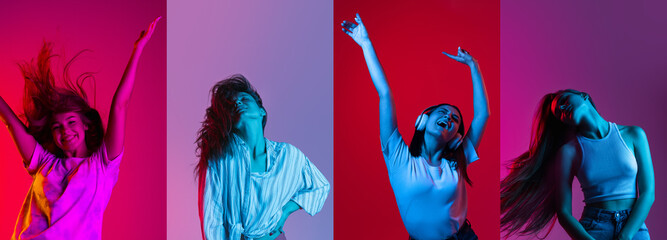 Collage of four beautiful young girls dancing isolated over multicolored background in neon lights