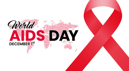 World aids day background with red ribbon and abstract halftone world map