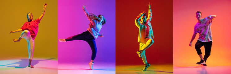 Full-length collage of four active young people, male and female, dancing hip-hop isolated over...