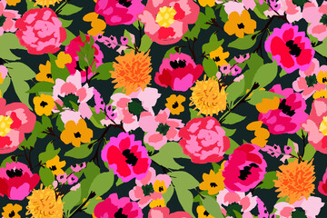 Abstract seamless pattern with bright, juicy flowers