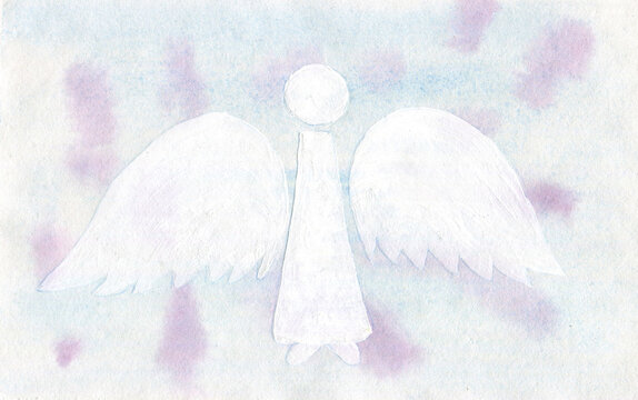 White angel  on blue watercolor  background. Watercolor and gouache handmade illustration. Suitable for postcard, banner, vintage, design, poster, web site.