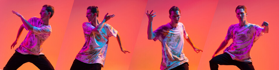 Cropped collage of four pictures of young man dancing hip-hop isolated over multicolored background...