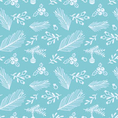 Christmas seamless pattern. Doodle winter botanic elements on blue background