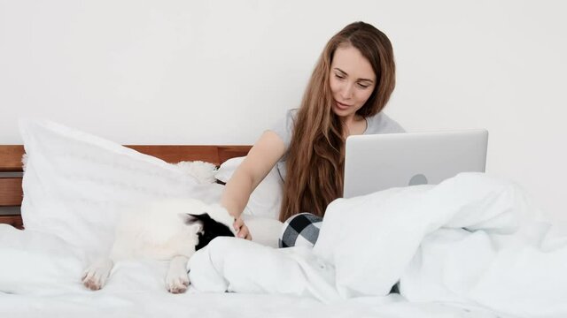 Beautiful young girl wearing pajamas sitting in the bed with laptop and petting cute dog. Attractive woman with doggy pet in the morning time