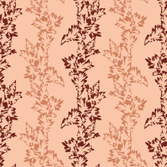 Acanthus leaf striped vector seamless pattern background. Vertical rows of stencil style hand drawn leaves in hues of ochre brown. Earthy elegant botanical backdrop. Stripe effect repeat. For wellness