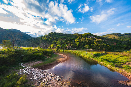 Landscape view of mountains and river of Sapan Village At nan Thailand.Sapan is Small and tranquil Village in the mountain.Thailand destination travel