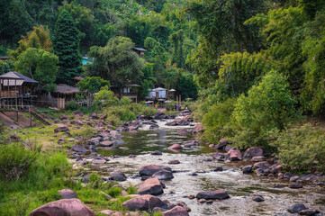Landscape view of mountains and river of Sapan Village At nan Thailand.Sapan is Small and tranquil Village in the mountain.Thailand destination travel