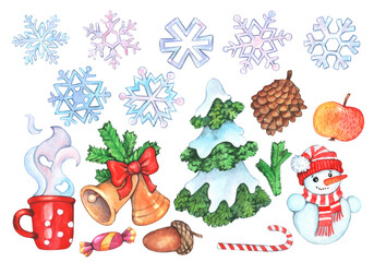 A set of watercolor drawings for the New Year theme. Light blue snowflakes, candies, a Christmas tree, a funny and cute snowman in a scarf and a hat, a pine cone, an acorn, an apple.