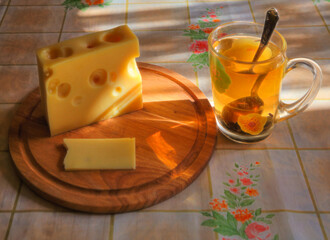 Morning still life. Tea and cheese.