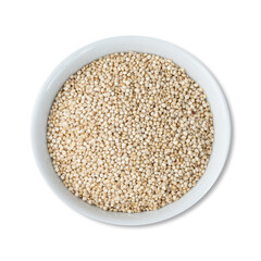Raw quinoa grains in a bowl isolated over white background