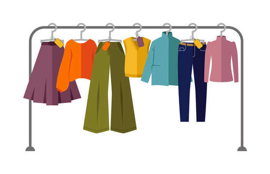 Vector illustration, set of clothes on a hanger. Clothing store, autumn and winter wardrobe. Shopping, store concept. Seasonal sale of clothes. Clothes collection icons set.