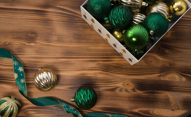Box with Christmas decorations in green and gold color