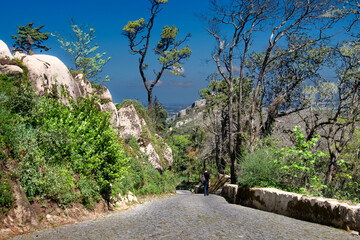 The road from Pena Castle to the Moors Castle in Sintra. The outskirts of Lisbon. Portugal.