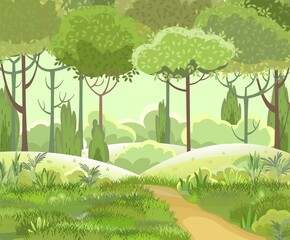 Road. Obliquely. Amusing beautiful forest landscape. Cartoon style. The path through the hills with grass. Trail. Cool romantic pretty. Flat design illustration. Vector art