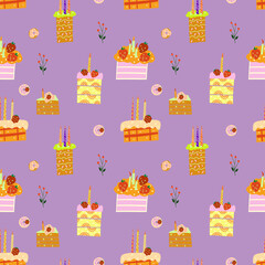 Seamless pattern with baked goods, cakes, candles. Colorful vector design for print and web. 