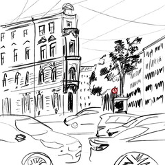 View from the window. Street of Saint Petersburg. Cars, buildings, street cross, trees. Simple sketch. European city. Black line