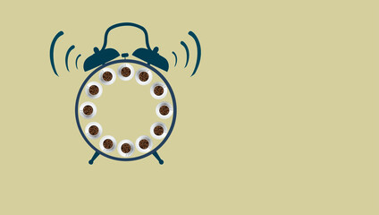 Coffee cups inside alarm clock on yellow background. Awake with coffee concept