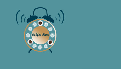 Coffee cups and alarm clock for coffee time concept isolated on blue background with copy space