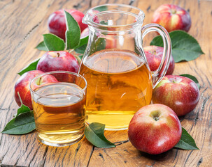 Glass and carafe of fresh apple juice and organic apples on dark old wooden table.