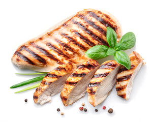 Grilled chicken fillet with herbs isolated on white background.