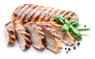 Grilled chicken fillet with herbs isolated on white background.