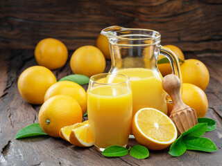 Yellow orange fruits and fresh orange juice isolated on dark wooden background.