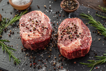 Raw Ribeye steaks with salt and herbs on grey board. Top view.