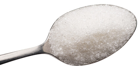 Spoon of white refined sugar isolated on white background. Clipping path.