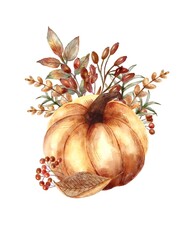 Orange pumpkin arrangement with fall leaves and berries, hand drawn illustration isolated on white background, september, october, november