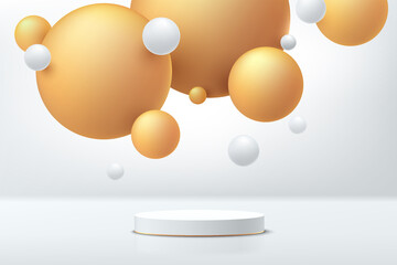 Realistic 3d white and gold cylinder pedestal podium with sphere ball flying. Vector abstract studio room with geometric platform. Luxury minimal wall scene for products showcase, Promotion display.