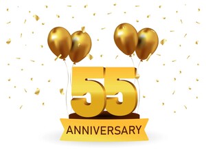 55 Anniversary gold numbers with golden confetti. Celebration anniversary event party template.