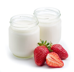 Two glass containers with plain yoghurt and berries isolated on white background. © volff