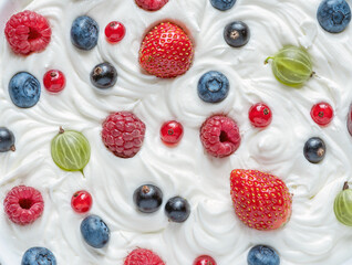 Mix of fresh berries in the yoghurt or cream. Top view.