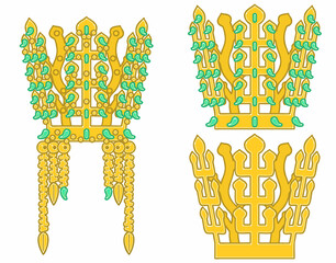 Silla gold crown in KOREA. Vector illustrations set.