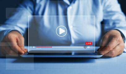 Live digital stream multimedia player.Businesswoman watching a live stream.Online live stream window. Video streaming on internet concept. 