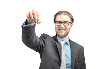happy businessman holds with his fingers