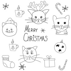 Christmas cat.  Сhristmas ball, Snowflake, a cup of tea.