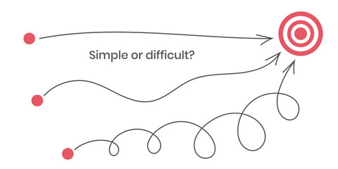 Simple or difficult path to the goal. Straight and complicated lines. Concept of problems and solutions. Way to success. Expectation planning and reality implementation.