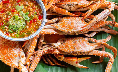Seafood dishes such as grilled crab and seafood sauce It consists of fresh chili, lime juice, ginger, garlic, sugar and fish sauce. A popular seafood set in Thailand.