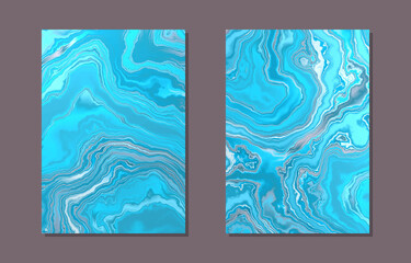Set of cover templates. Fluid abstract backgrounds. Marble texture in turquoise colors.