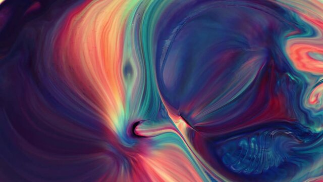 Abstract Grunge Art Ink Paint Spread Blast Explode Background. Colorful Psychedelic Morphing Food Ink Transition and Swirling in Liquid Motion. Soft Vibrant Chemical Reaction. 