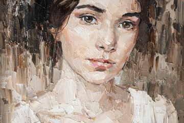 Portrait of a young, dreamy girl with curly brown hair. Palette knife technique of oil painting and brush. - obrazy, fototapety, plakaty