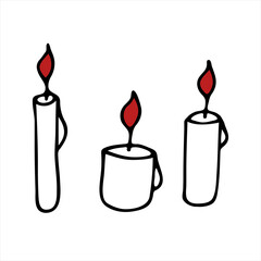 Vector sketch set of burning candles. Hand drawn doodle icon. Isolate on a white background.