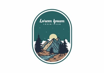 Night mountain and river illustration drawing